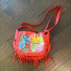 Anuschka Red Leather Hand painted Floral Shoulder Bag GUC
